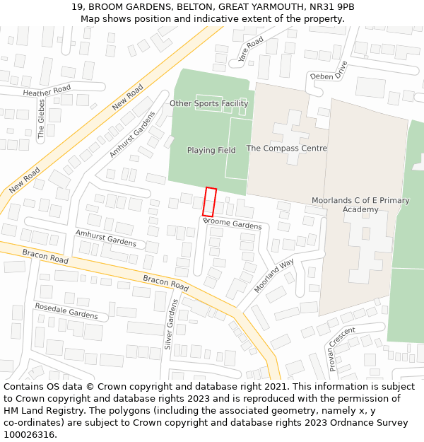 19, BROOM GARDENS, BELTON, GREAT YARMOUTH, NR31 9PB: Location map and indicative extent of plot