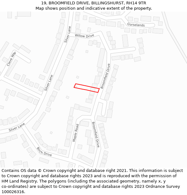 19, BROOMFIELD DRIVE, BILLINGSHURST, RH14 9TR: Location map and indicative extent of plot