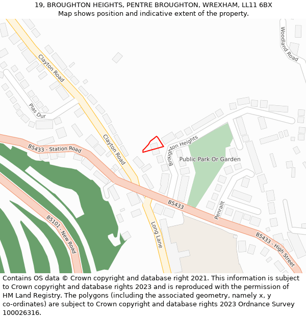 19, BROUGHTON HEIGHTS, PENTRE BROUGHTON, WREXHAM, LL11 6BX: Location map and indicative extent of plot