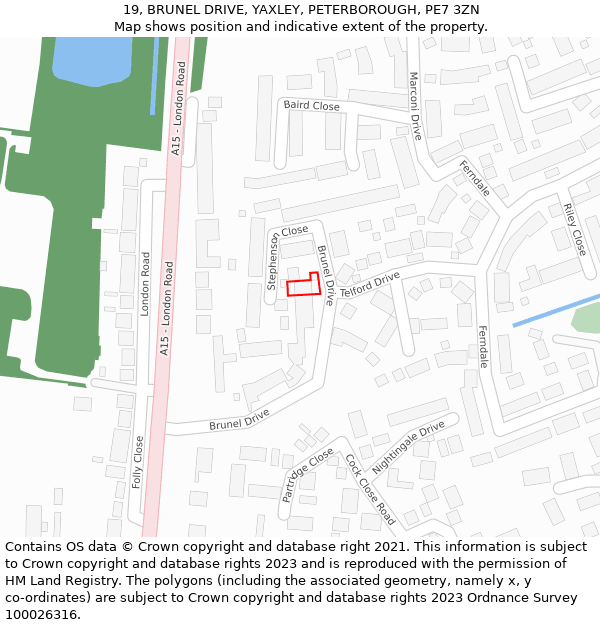 19, BRUNEL DRIVE, YAXLEY, PETERBOROUGH, PE7 3ZN: Location map and indicative extent of plot