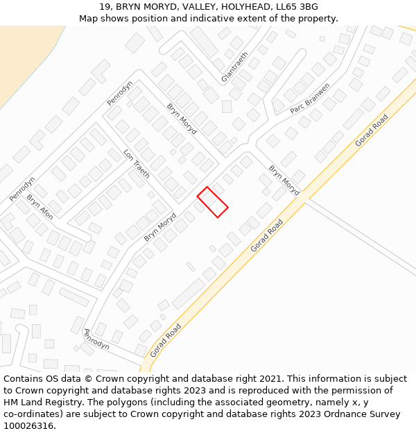 19, BRYN MORYD, VALLEY, HOLYHEAD, LL65 3BG: Location map and indicative extent of plot