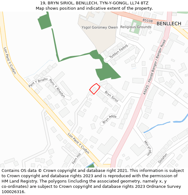 19, BRYN SIRIOL, BENLLECH, TYN-Y-GONGL, LL74 8TZ: Location map and indicative extent of plot