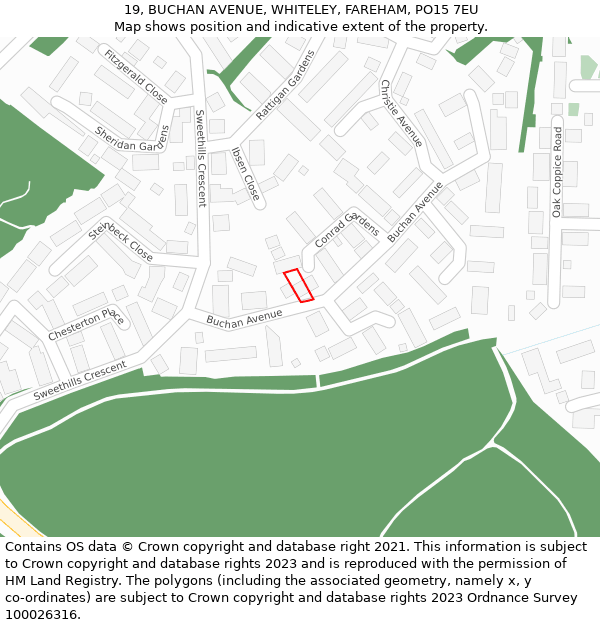 19, BUCHAN AVENUE, WHITELEY, FAREHAM, PO15 7EU: Location map and indicative extent of plot