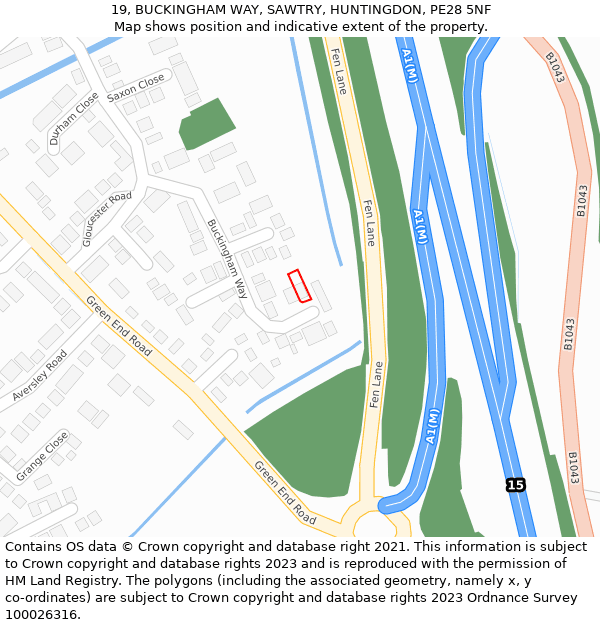 19, BUCKINGHAM WAY, SAWTRY, HUNTINGDON, PE28 5NF: Location map and indicative extent of plot