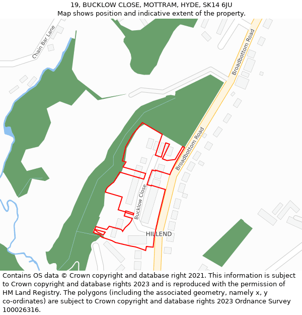 19, BUCKLOW CLOSE, MOTTRAM, HYDE, SK14 6JU: Location map and indicative extent of plot