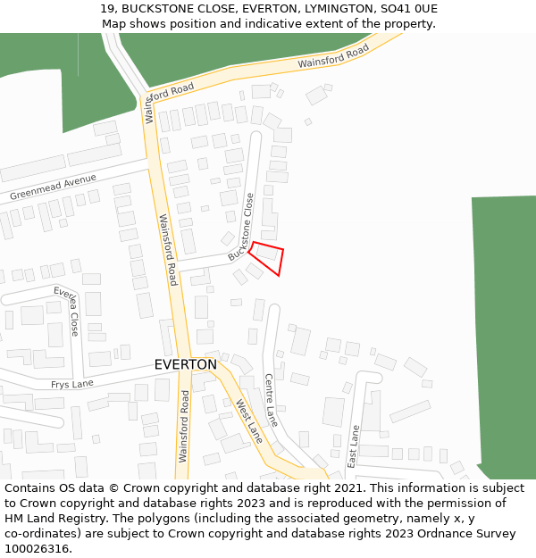 19, BUCKSTONE CLOSE, EVERTON, LYMINGTON, SO41 0UE: Location map and indicative extent of plot