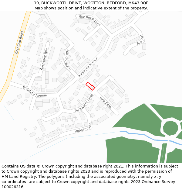 19, BUCKWORTH DRIVE, WOOTTON, BEDFORD, MK43 9QP: Location map and indicative extent of plot