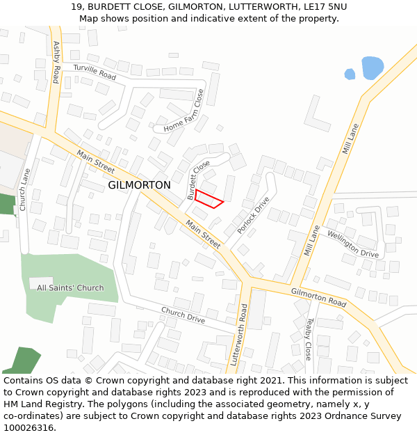 19, BURDETT CLOSE, GILMORTON, LUTTERWORTH, LE17 5NU: Location map and indicative extent of plot