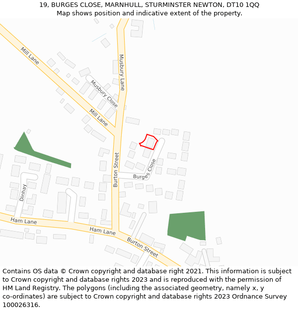 19, BURGES CLOSE, MARNHULL, STURMINSTER NEWTON, DT10 1QQ: Location map and indicative extent of plot