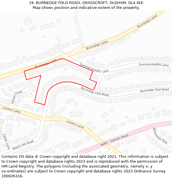 19, BURNEDGE FOLD ROAD, GRASSCROFT, OLDHAM, OL4 4EE: Location map and indicative extent of plot