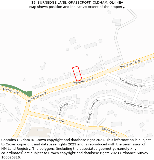 19, BURNEDGE LANE, GRASSCROFT, OLDHAM, OL4 4EA: Location map and indicative extent of plot