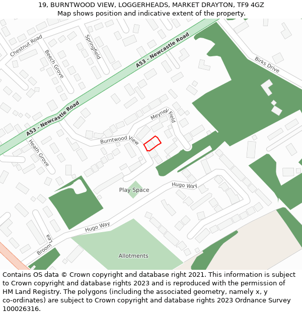 19, BURNTWOOD VIEW, LOGGERHEADS, MARKET DRAYTON, TF9 4GZ: Location map and indicative extent of plot