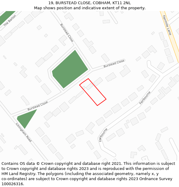 19, BURSTEAD CLOSE, COBHAM, KT11 2NL: Location map and indicative extent of plot