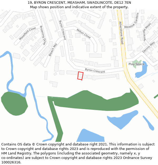 19, BYRON CRESCENT, MEASHAM, SWADLINCOTE, DE12 7EN: Location map and indicative extent of plot