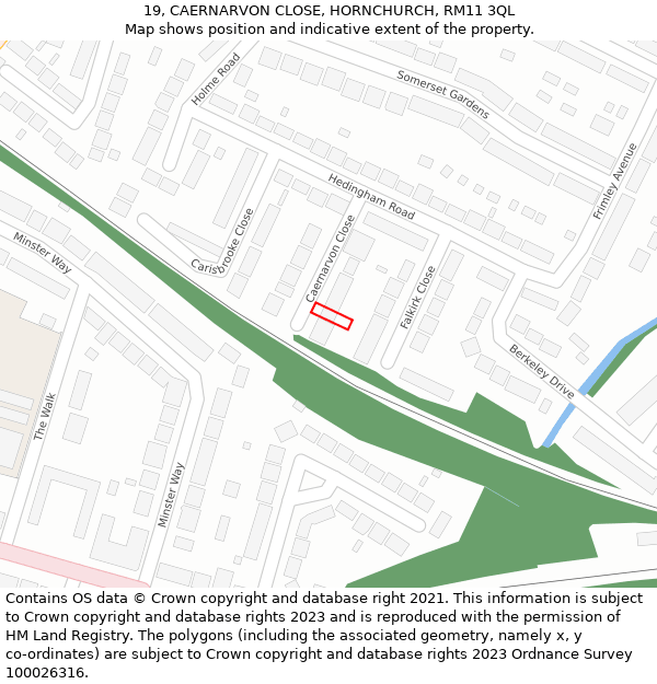 19, CAERNARVON CLOSE, HORNCHURCH, RM11 3QL: Location map and indicative extent of plot