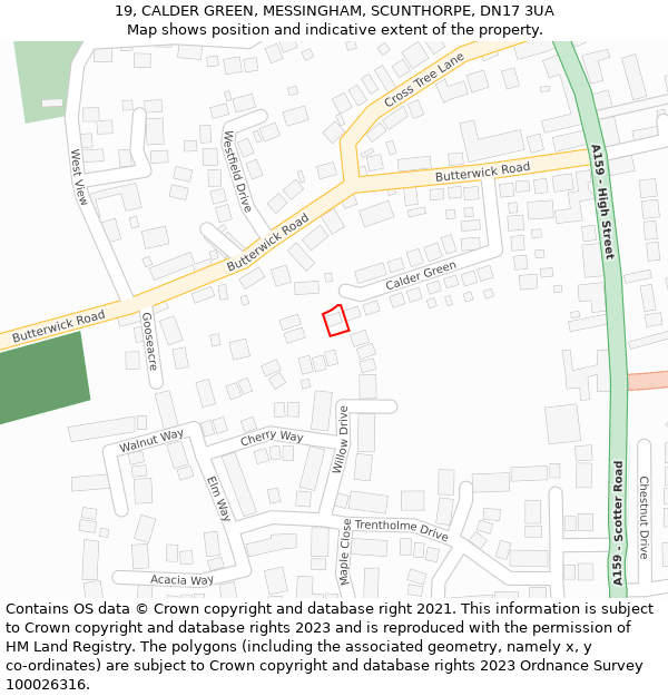 19, CALDER GREEN, MESSINGHAM, SCUNTHORPE, DN17 3UA: Location map and indicative extent of plot