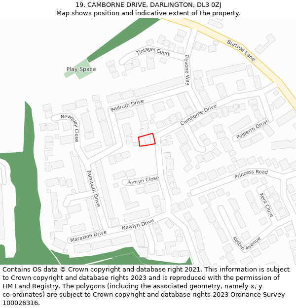19, CAMBORNE DRIVE, DARLINGTON, DL3 0ZJ: Location map and indicative extent of plot
