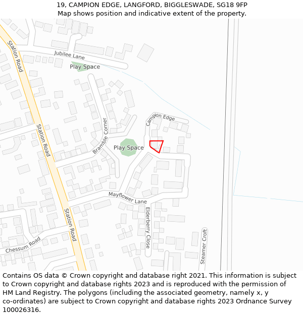 19, CAMPION EDGE, LANGFORD, BIGGLESWADE, SG18 9FP: Location map and indicative extent of plot