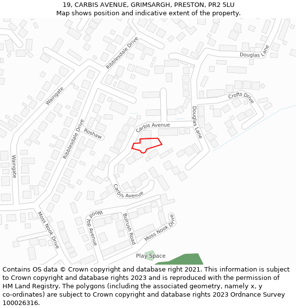 19, CARBIS AVENUE, GRIMSARGH, PRESTON, PR2 5LU: Location map and indicative extent of plot