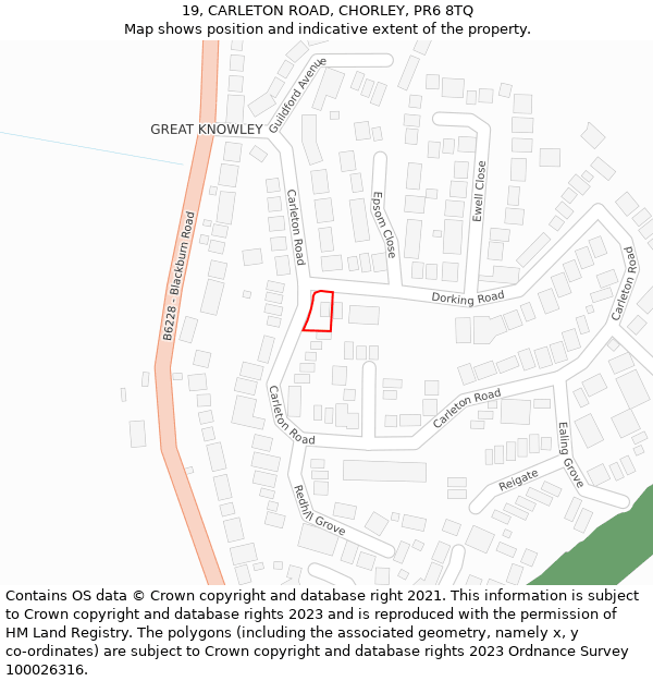 19, CARLETON ROAD, CHORLEY, PR6 8TQ: Location map and indicative extent of plot