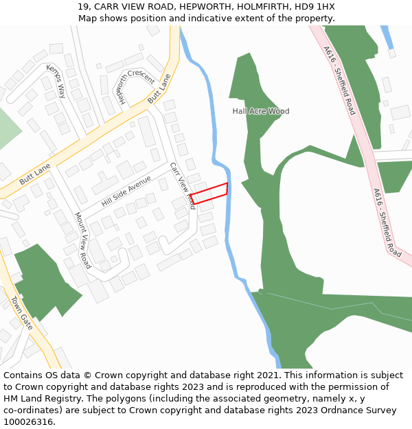 19, CARR VIEW ROAD, HEPWORTH, HOLMFIRTH, HD9 1HX: Location map and indicative extent of plot