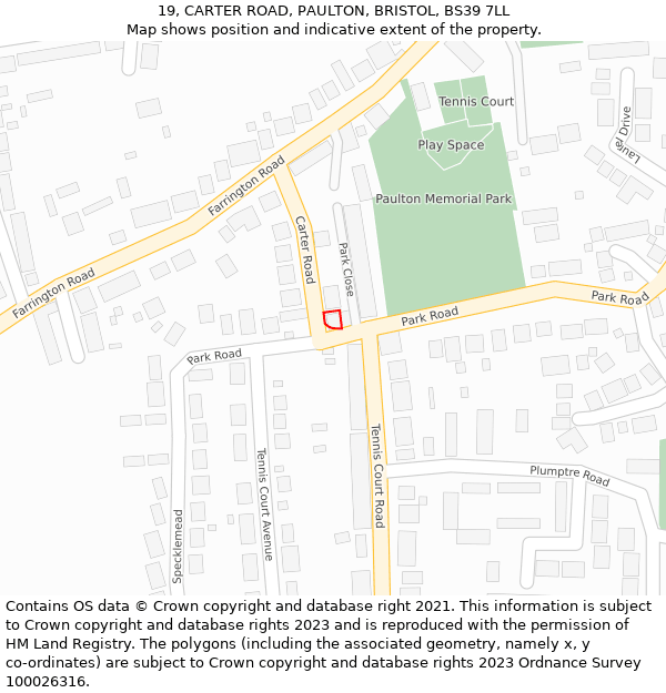 19, CARTER ROAD, PAULTON, BRISTOL, BS39 7LL: Location map and indicative extent of plot