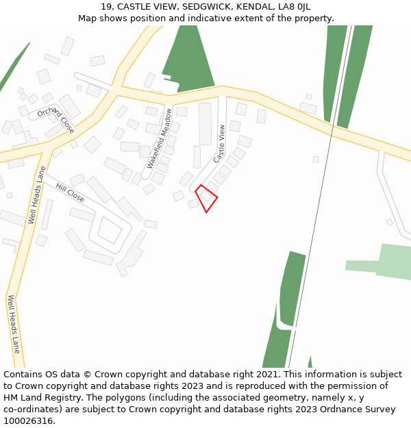 19, CASTLE VIEW, SEDGWICK, KENDAL, LA8 0JL: Location map and indicative extent of plot