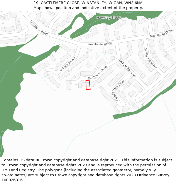 19, CASTLEMERE CLOSE, WINSTANLEY, WIGAN, WN3 6NA: Location map and indicative extent of plot