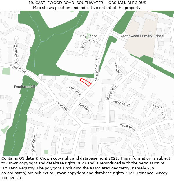 19, CASTLEWOOD ROAD, SOUTHWATER, HORSHAM, RH13 9US: Location map and indicative extent of plot