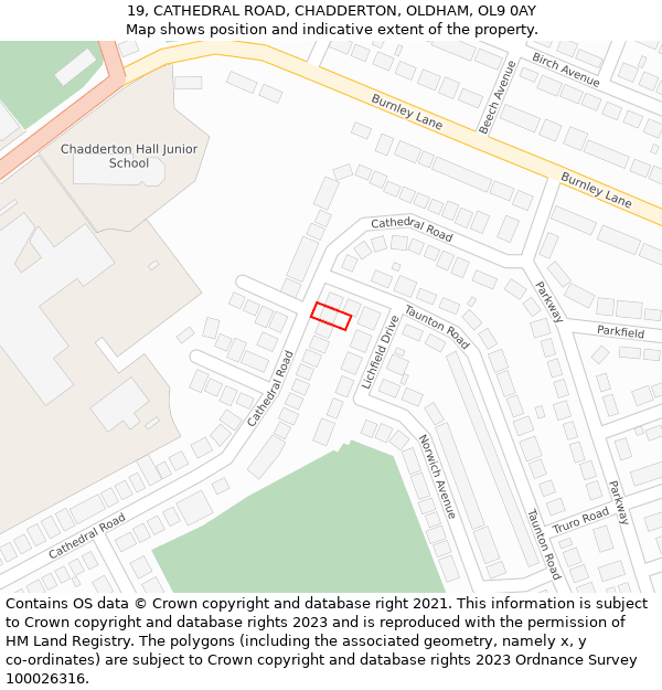 19, CATHEDRAL ROAD, CHADDERTON, OLDHAM, OL9 0AY: Location map and indicative extent of plot