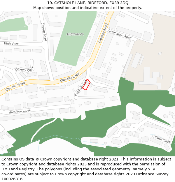 19, CATSHOLE LANE, BIDEFORD, EX39 3DQ: Location map and indicative extent of plot
