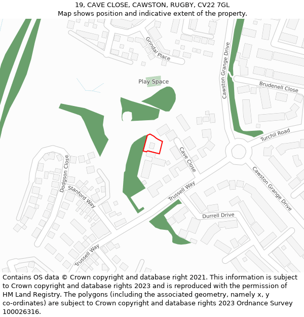 19, CAVE CLOSE, CAWSTON, RUGBY, CV22 7GL: Location map and indicative extent of plot