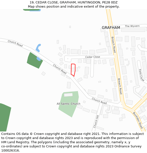 19, CEDAR CLOSE, GRAFHAM, HUNTINGDON, PE28 0DZ: Location map and indicative extent of plot
