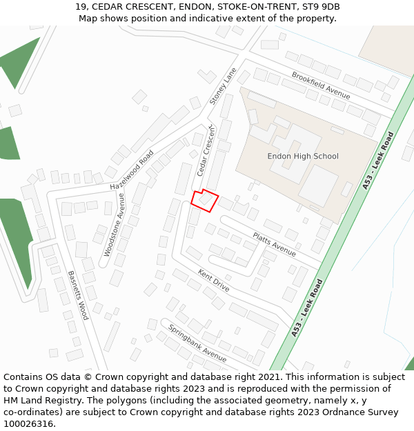 19, CEDAR CRESCENT, ENDON, STOKE-ON-TRENT, ST9 9DB: Location map and indicative extent of plot