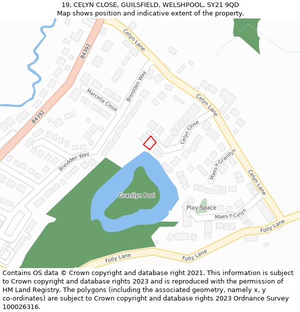 19, CELYN CLOSE, GUILSFIELD, WELSHPOOL, SY21 9QD: Location map and indicative extent of plot