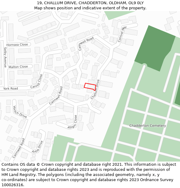 19, CHALLUM DRIVE, CHADDERTON, OLDHAM, OL9 0LY: Location map and indicative extent of plot