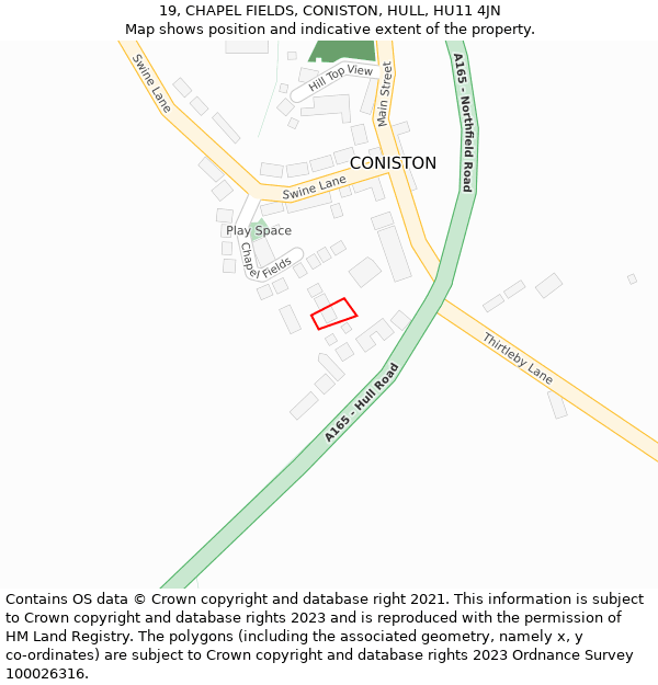 19, CHAPEL FIELDS, CONISTON, HULL, HU11 4JN: Location map and indicative extent of plot