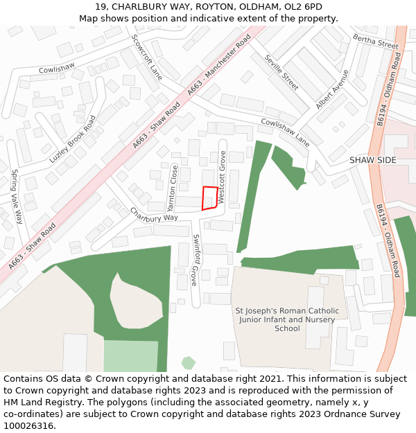 19, CHARLBURY WAY, ROYTON, OLDHAM, OL2 6PD: Location map and indicative extent of plot