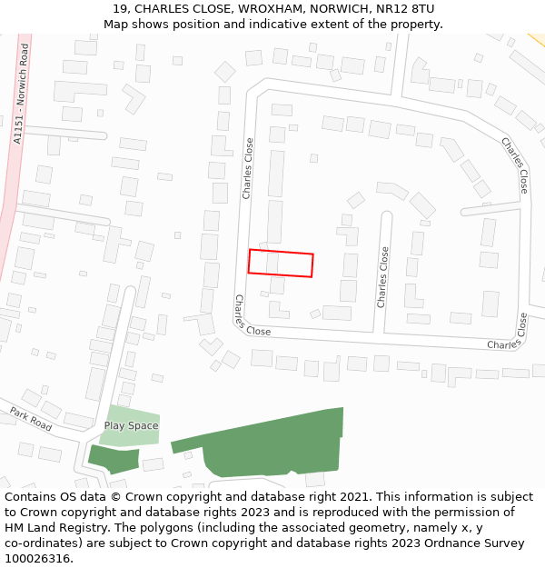 19, CHARLES CLOSE, WROXHAM, NORWICH, NR12 8TU: Location map and indicative extent of plot