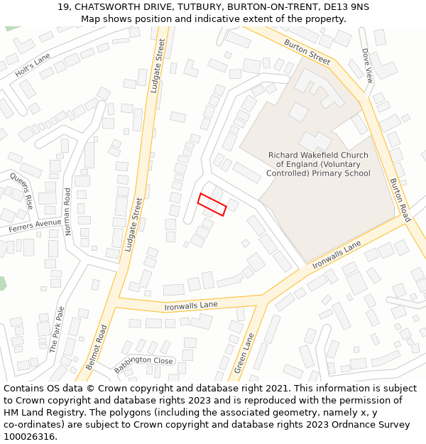 19, CHATSWORTH DRIVE, TUTBURY, BURTON-ON-TRENT, DE13 9NS: Location map and indicative extent of plot