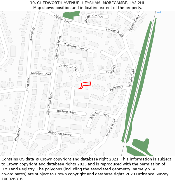 19, CHEDWORTH AVENUE, HEYSHAM, MORECAMBE, LA3 2HL: Location map and indicative extent of plot