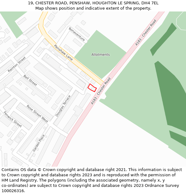 19, CHESTER ROAD, PENSHAW, HOUGHTON LE SPRING, DH4 7EL: Location map and indicative extent of plot