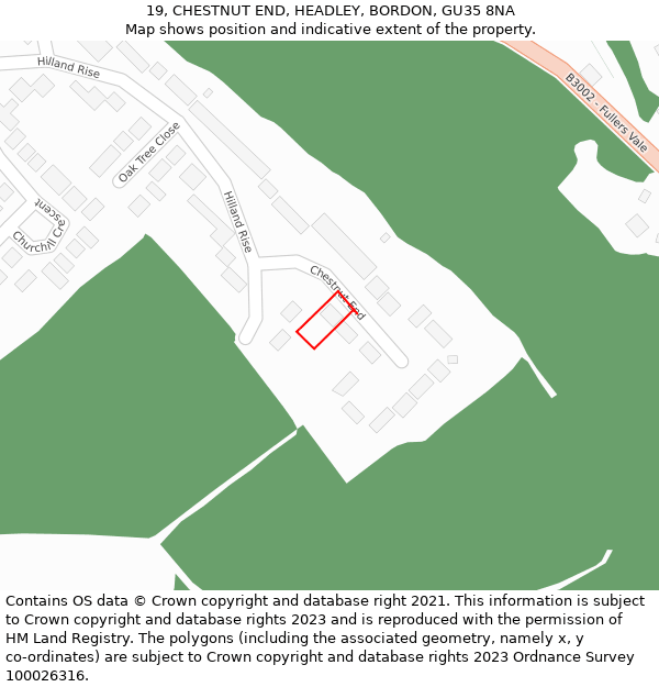 19, CHESTNUT END, HEADLEY, BORDON, GU35 8NA: Location map and indicative extent of plot