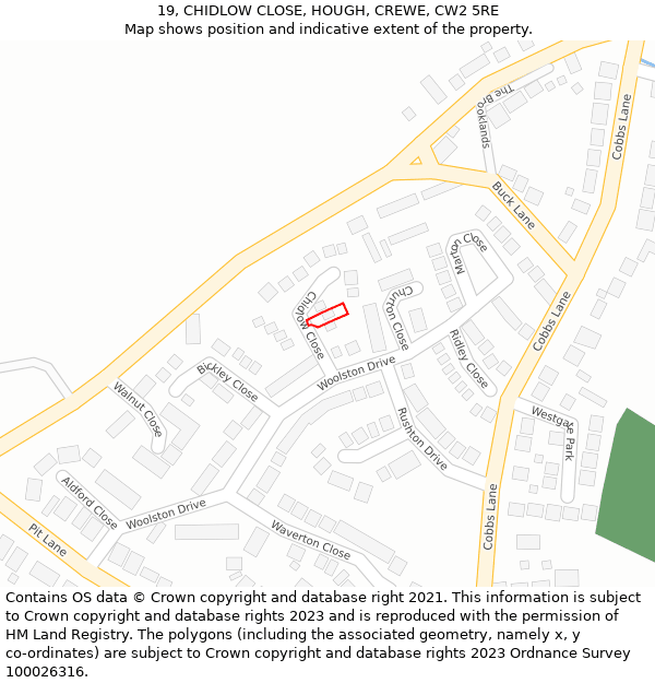 19, CHIDLOW CLOSE, HOUGH, CREWE, CW2 5RE: Location map and indicative extent of plot