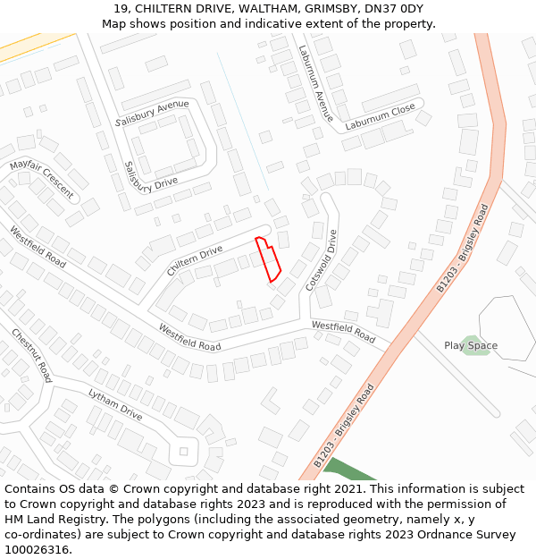 19, CHILTERN DRIVE, WALTHAM, GRIMSBY, DN37 0DY: Location map and indicative extent of plot