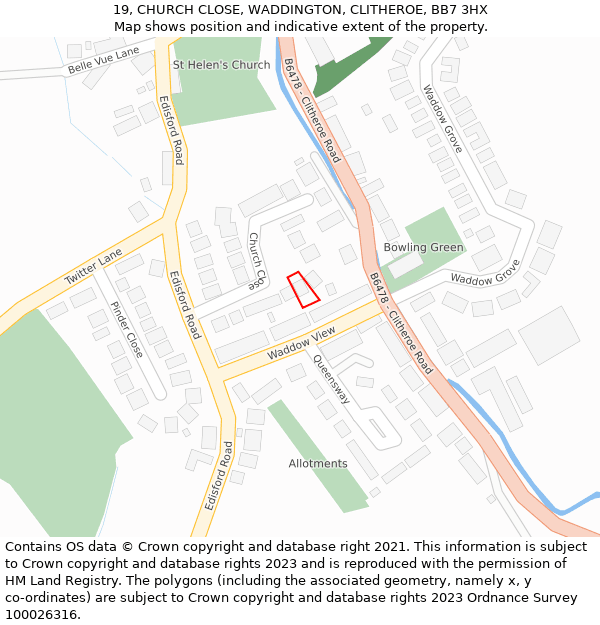 19, CHURCH CLOSE, WADDINGTON, CLITHEROE, BB7 3HX: Location map and indicative extent of plot