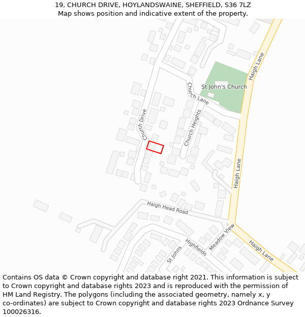19, CHURCH DRIVE, HOYLANDSWAINE, SHEFFIELD, S36 7LZ: Location map and indicative extent of plot