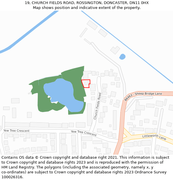 19, CHURCH FIELDS ROAD, ROSSINGTON, DONCASTER, DN11 0HX: Location map and indicative extent of plot