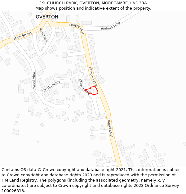 19, CHURCH PARK, OVERTON, MORECAMBE, LA3 3RA: Location map and indicative extent of plot