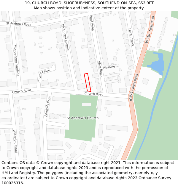 19, CHURCH ROAD, SHOEBURYNESS, SOUTHEND-ON-SEA, SS3 9ET: Location map and indicative extent of plot
